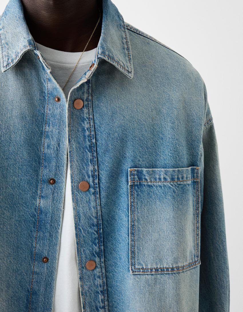 Long sleeve oversize denim shirt-Washed out blue