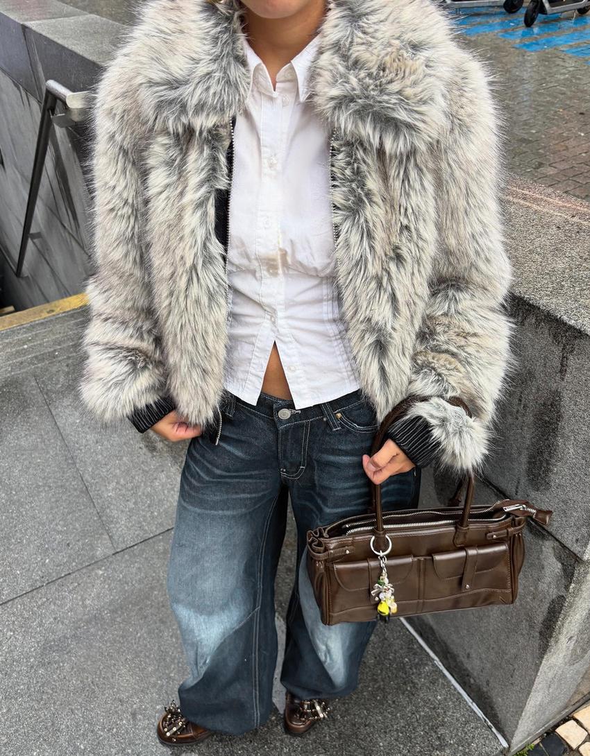 Zip-up faux fur jacket-Grey