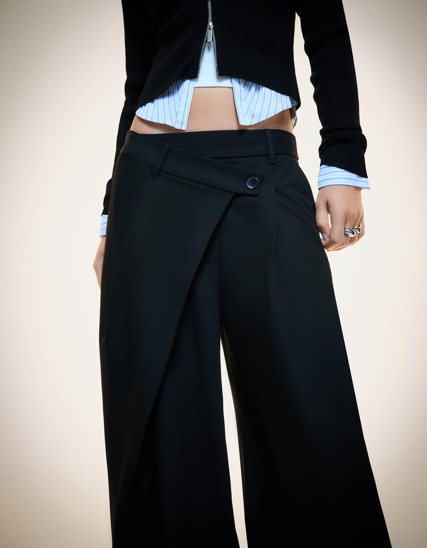 Tailored fit trousers with crossover waist-Black-2