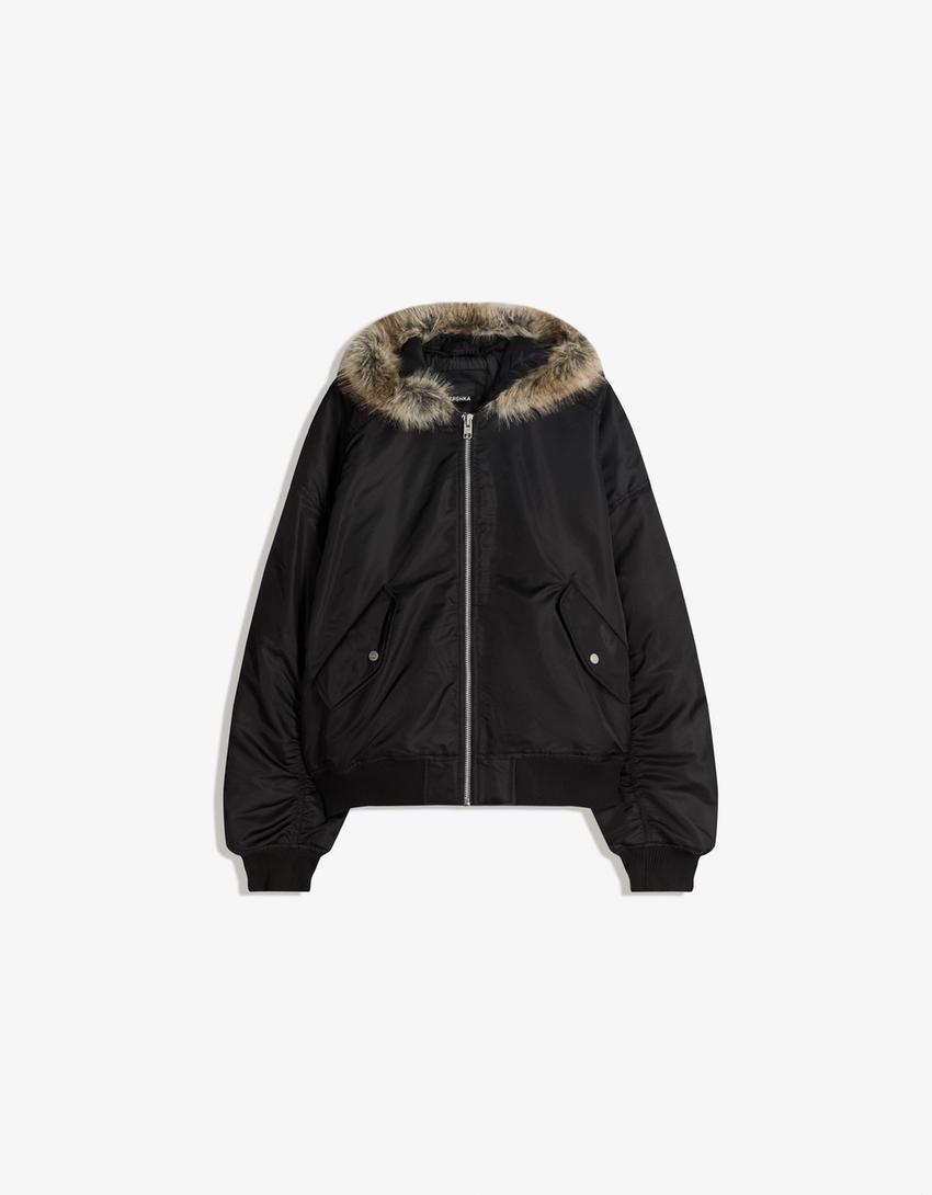 Blouson technique col fausse fourrure-Noir
