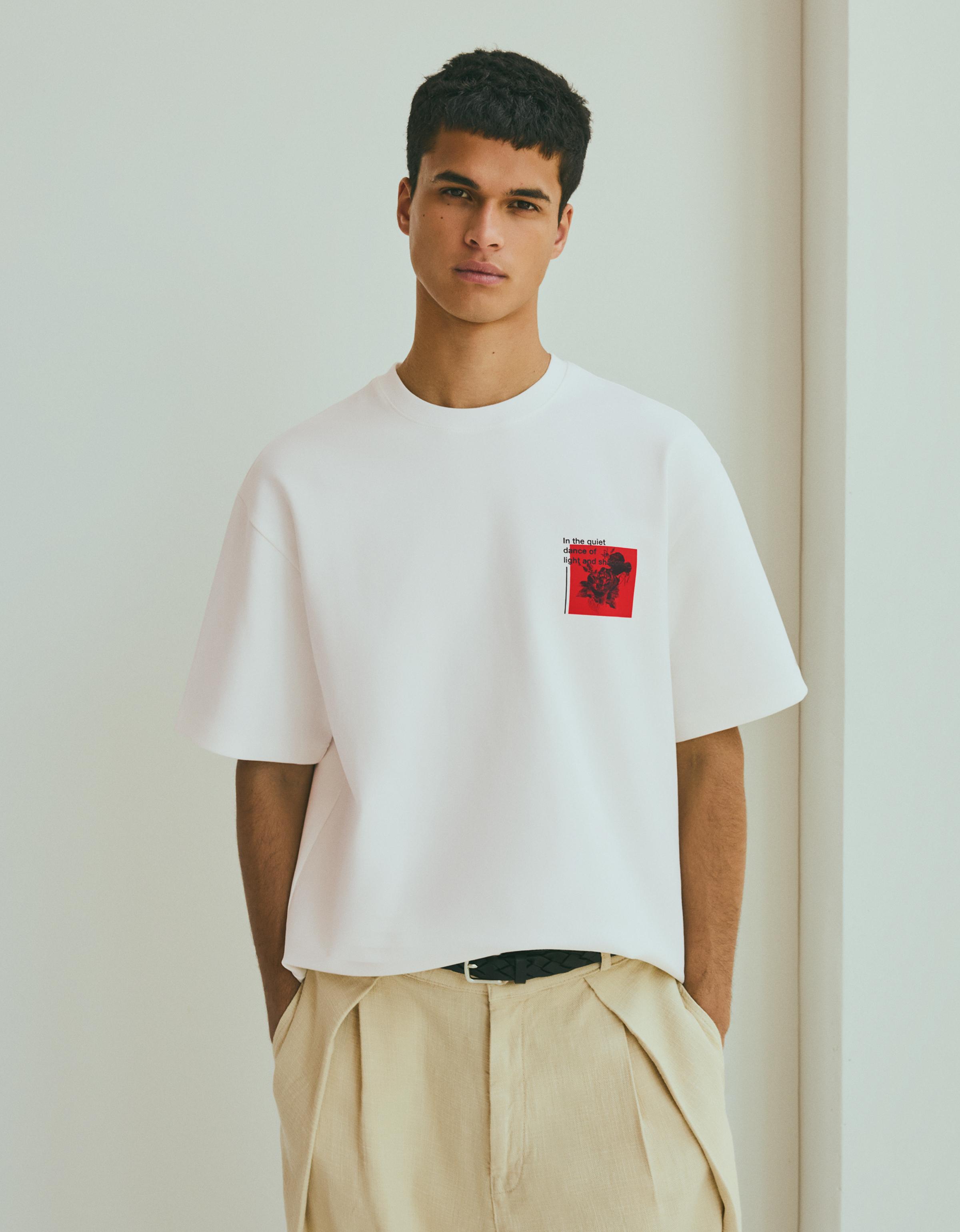 Bershka Camiseta Felpa Interlock Print Hombre Blanco Roto