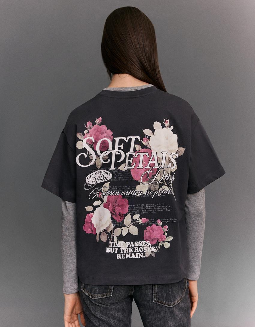 Oversize-T-Shirt mit kurzen Ärmeln und Print-Dunkelgrau