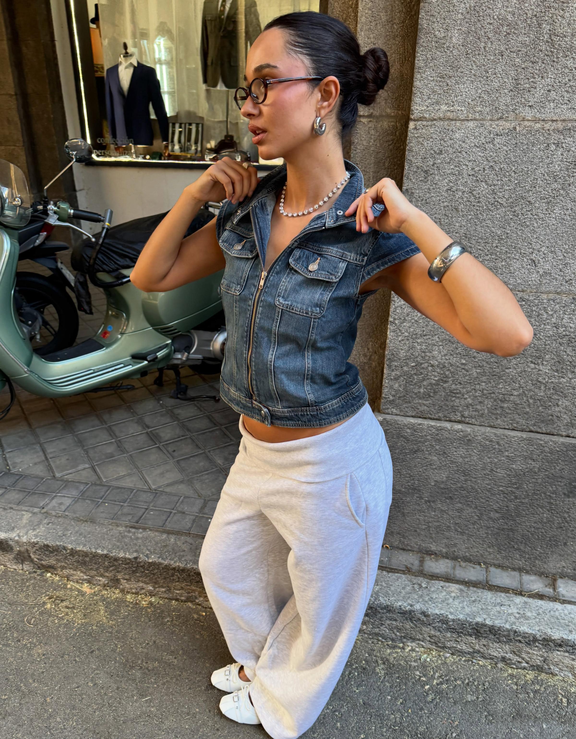 Zip-up denim top — Light blue