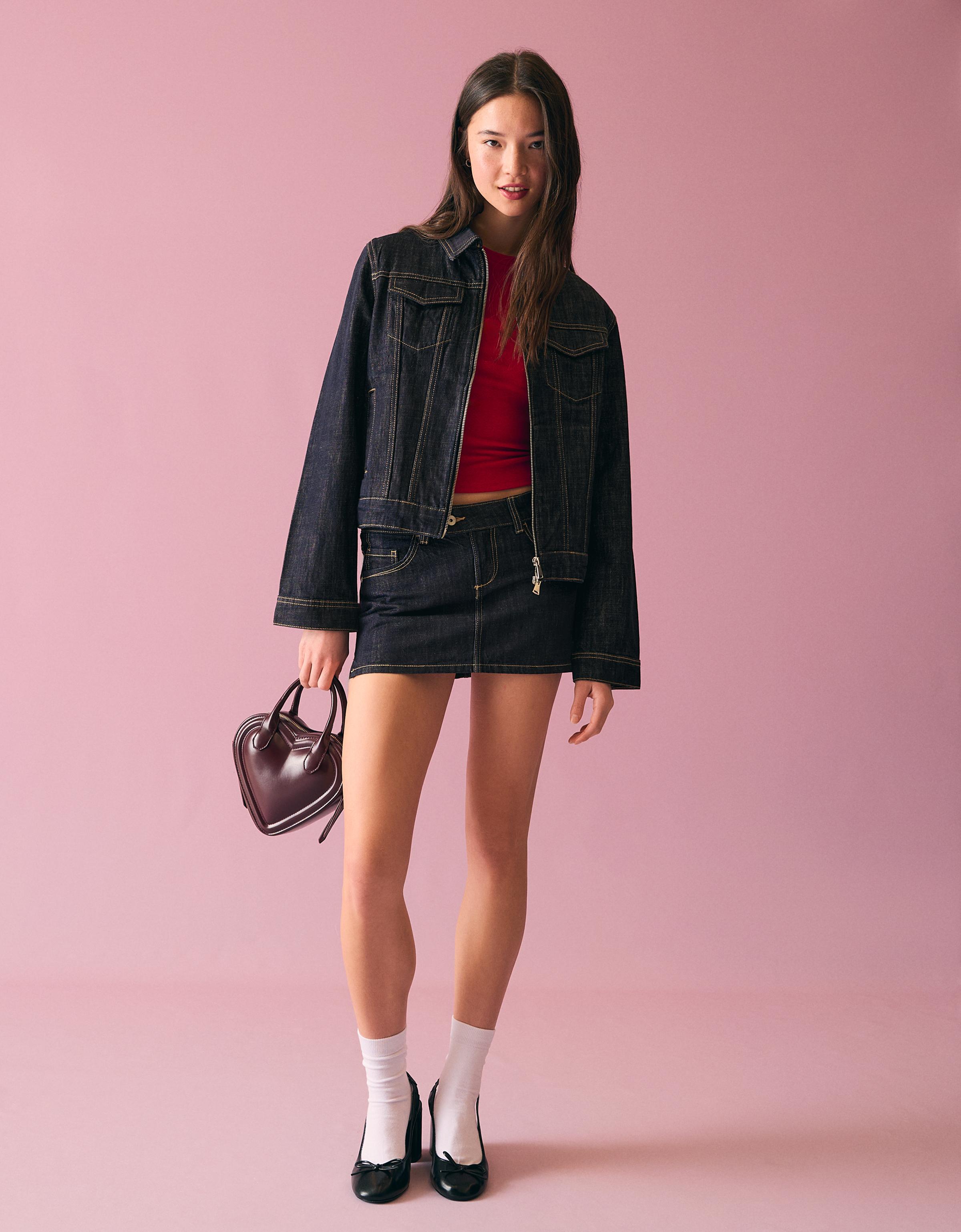 Bershka Bestickter Minirock Aus Denim Damen 42 Marinenblau