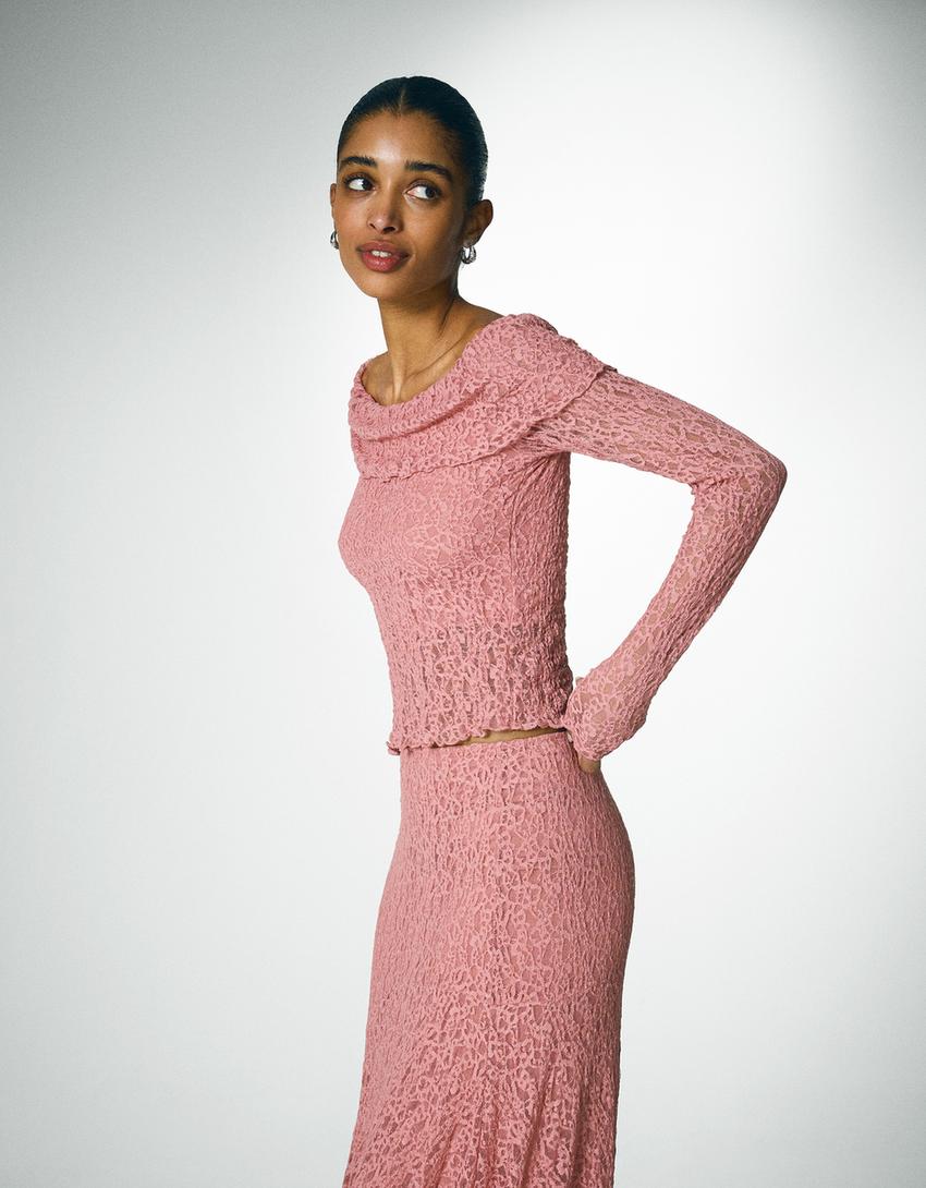 Long sleeve lace bandeau neckline T-shirt-Pink-1