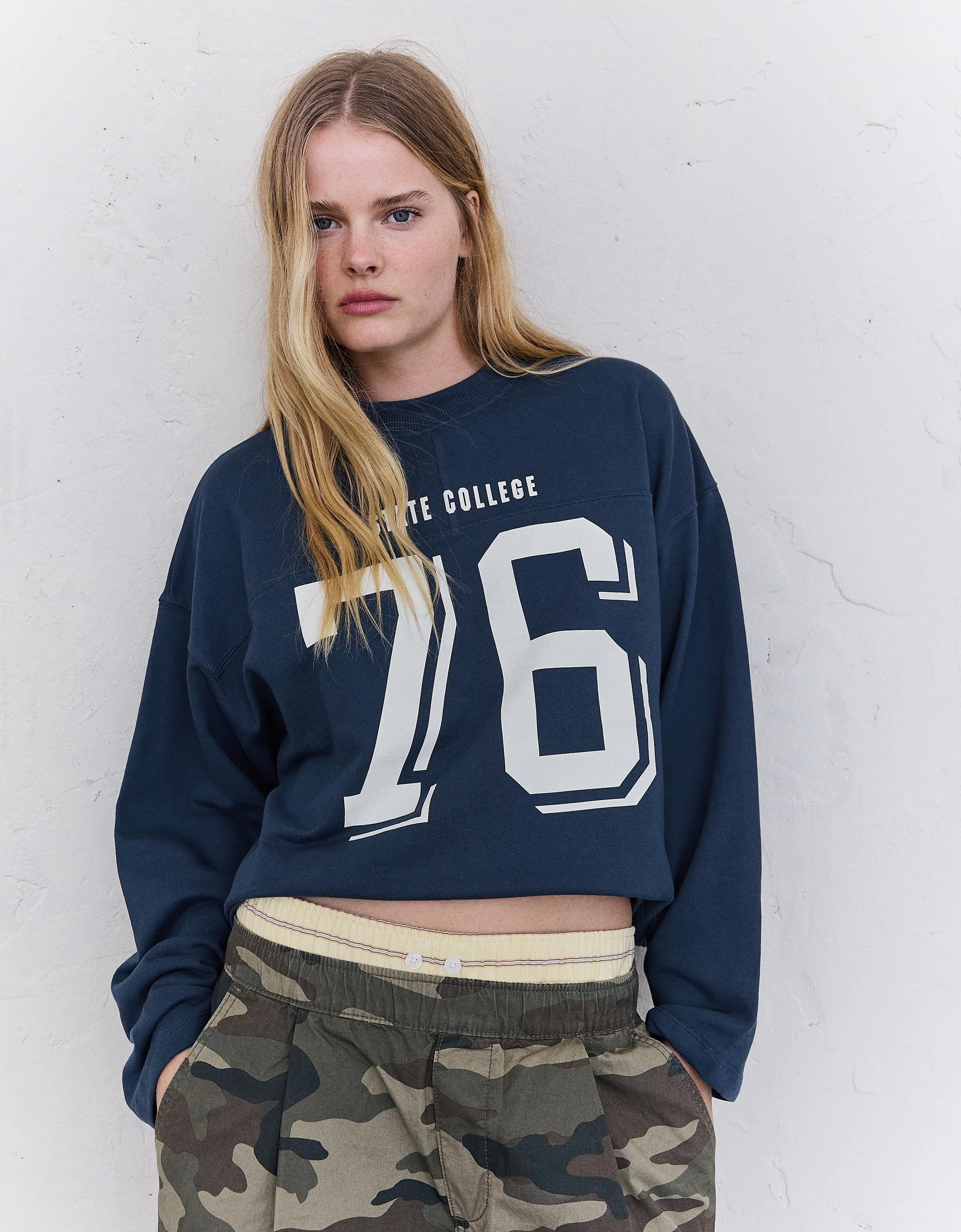 Bershka Sudadera Cuello Redondo Print Mujer L Marino