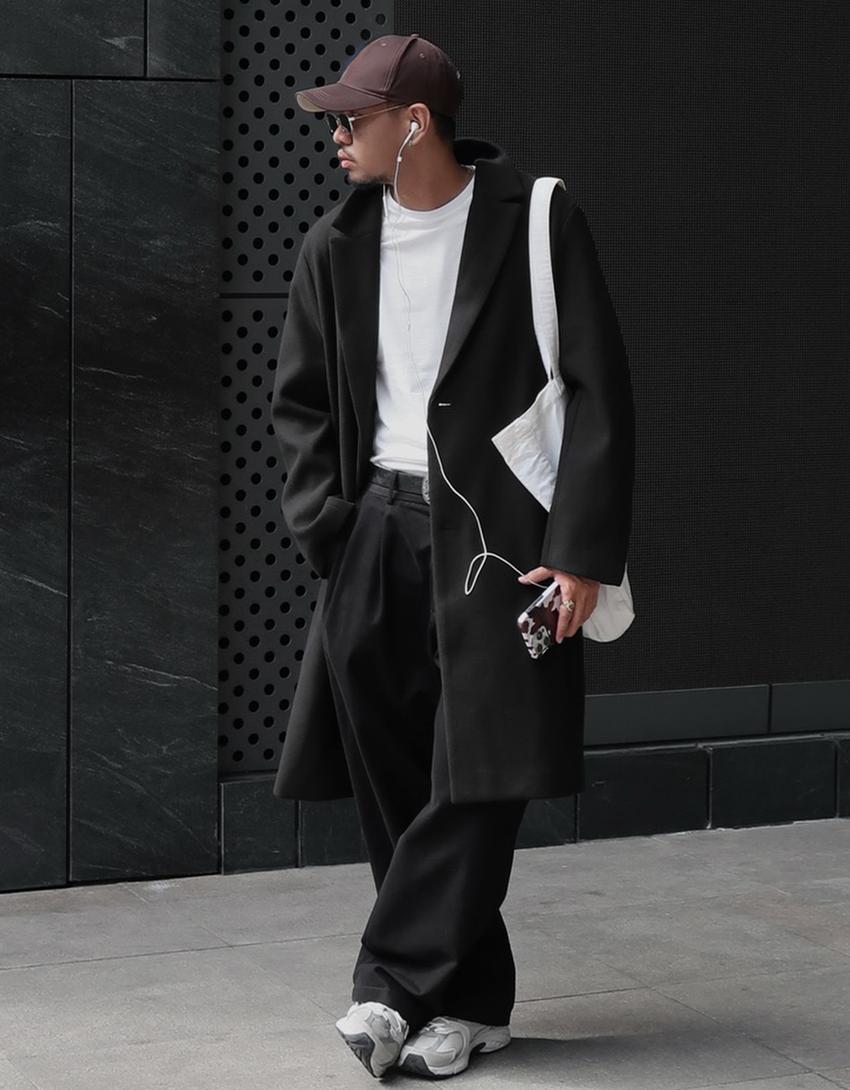 Long felt texture coat-Black