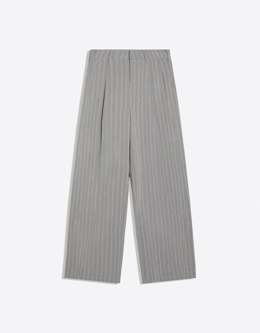 Hose mit Bundfalten und doppeltem Stoff-Grau
