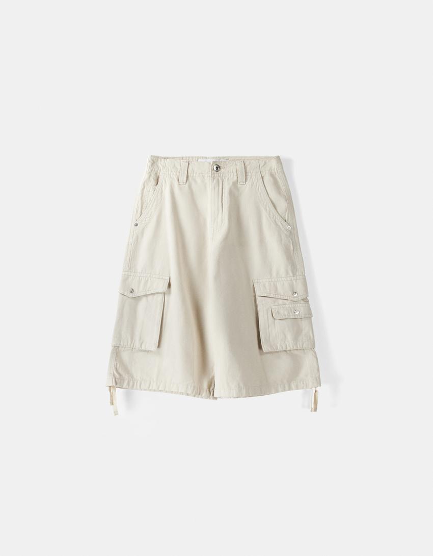 Памучни карго бермуди с разпусната кройка-Екрю-5