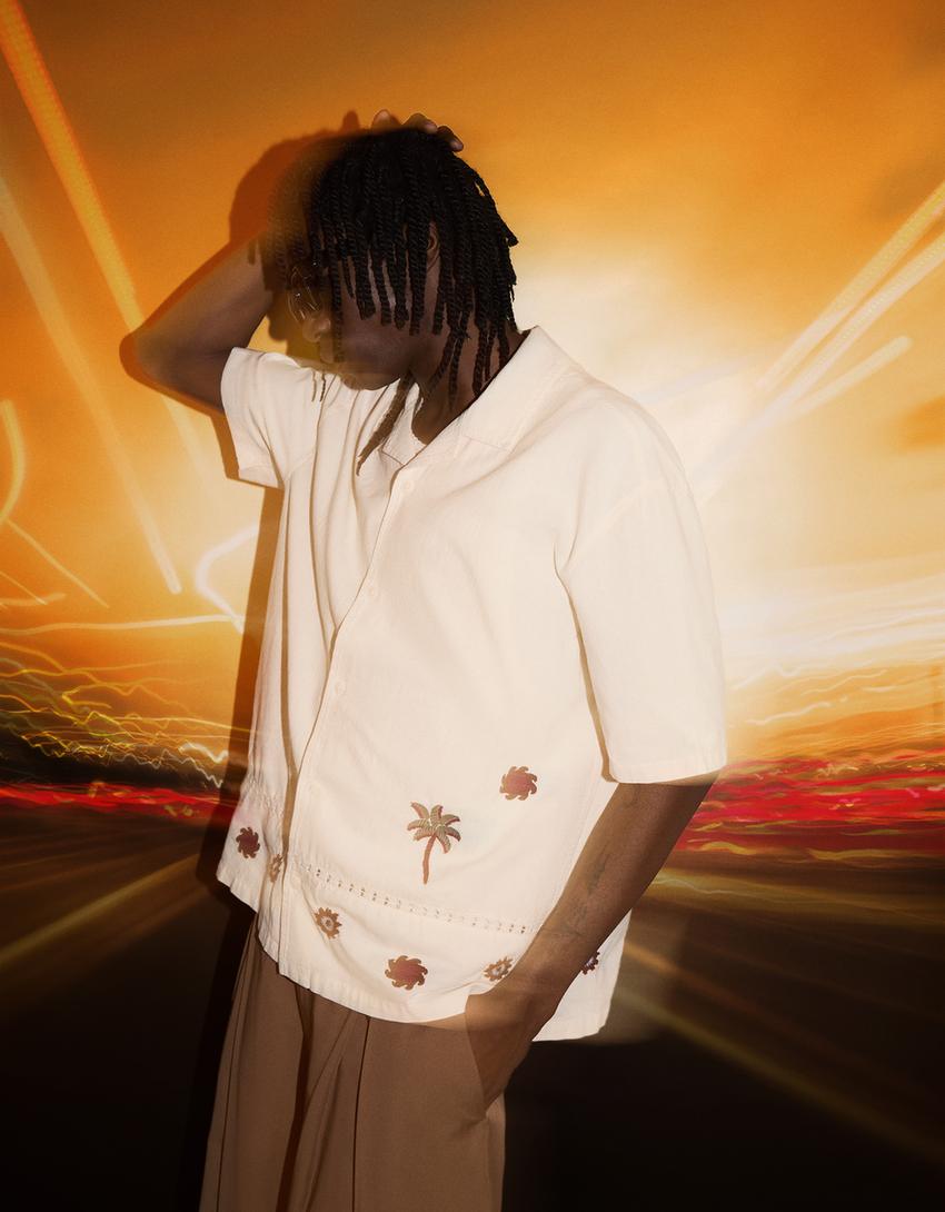 Chemise à manches courtes broderies-Sable-3