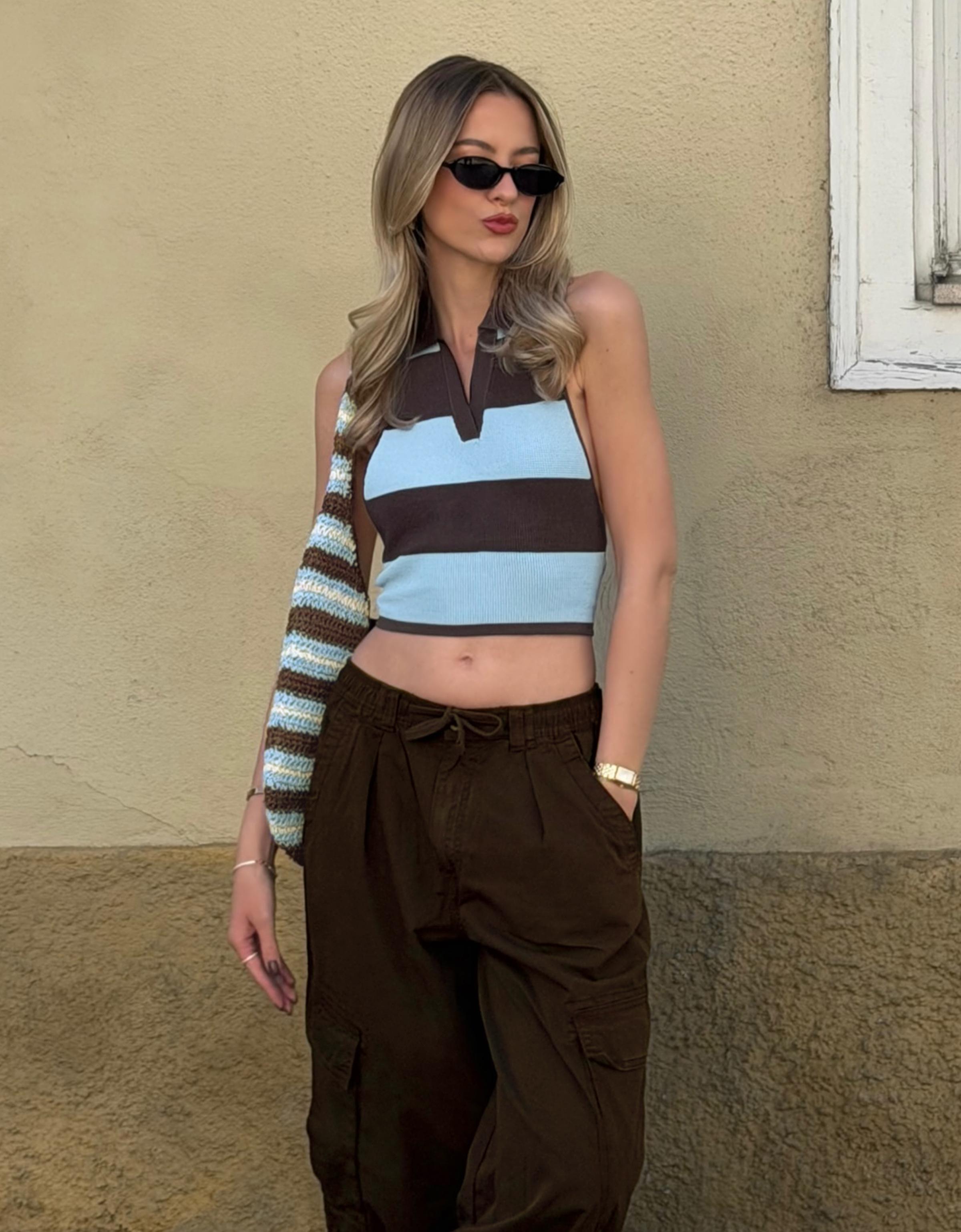 Polo collar top with knot back — Blue