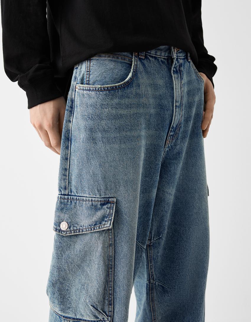 Jeans cargo skater fit efeito lavado dirty-Azul lavado-3