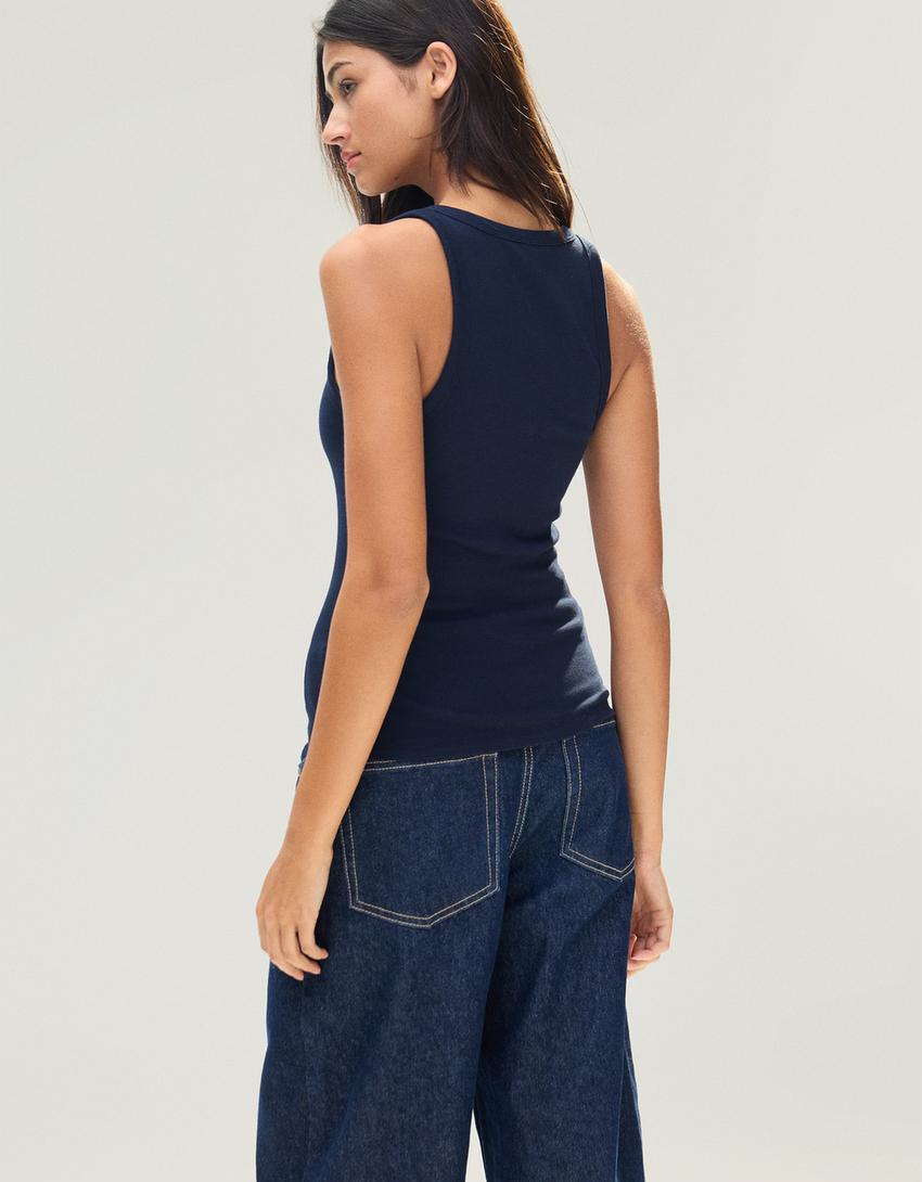 Basic ribbed strappy T-shirt-Navy