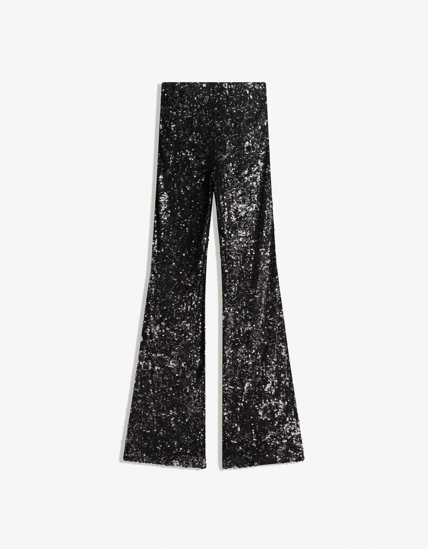 Bell bottom sequin trousers-Black