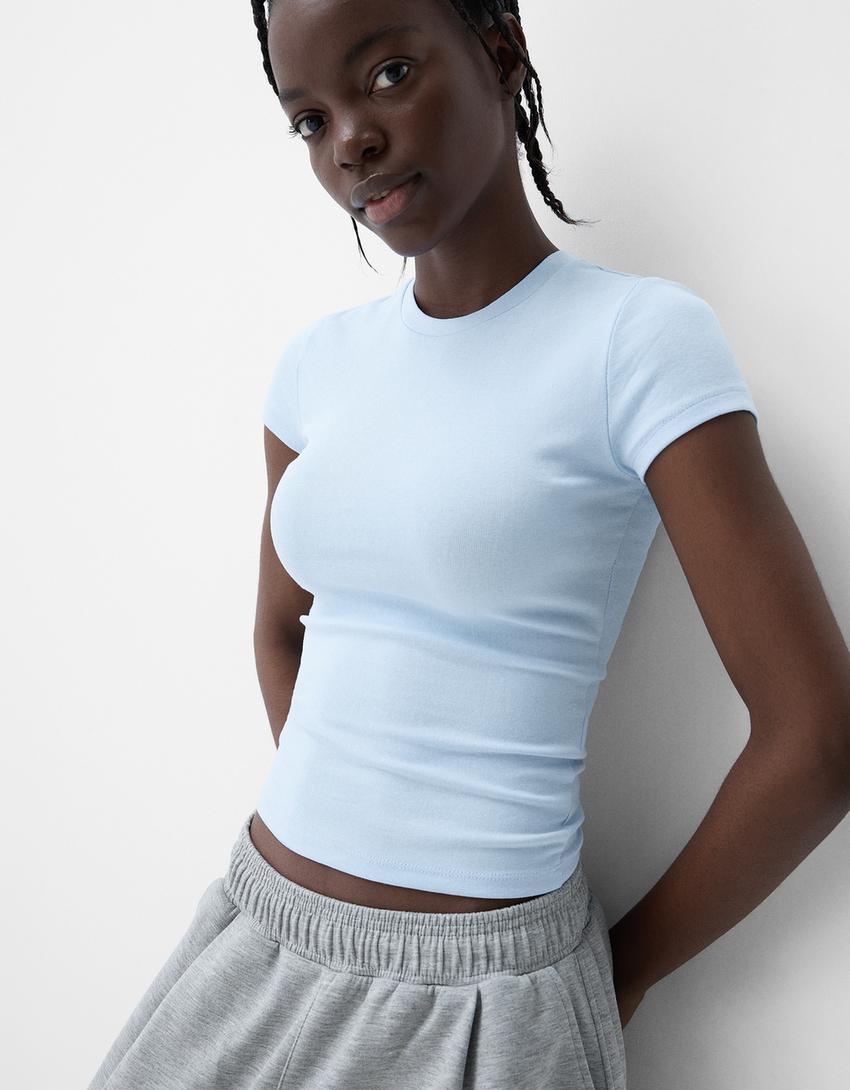 T-shirt met ronde hals en korte mouw-Lichtblauw
