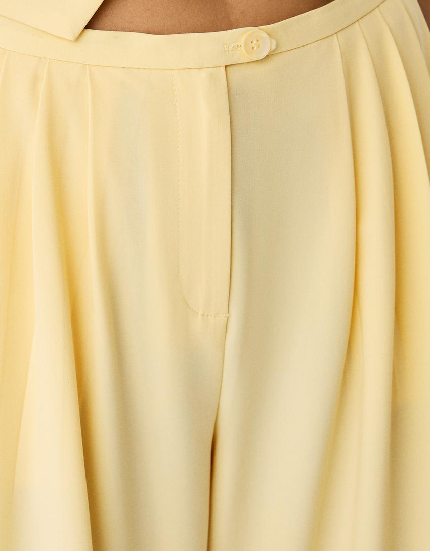 Calças tailored fit wide leg pregas-Amarelo-3