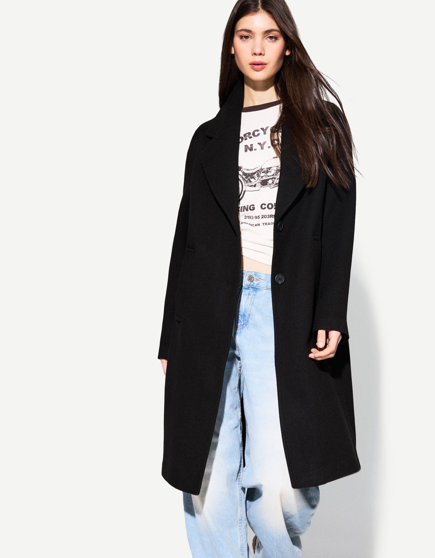 Bershka Langer Soft-Touch-Mantel Damen S Schwarz günstig online kaufen