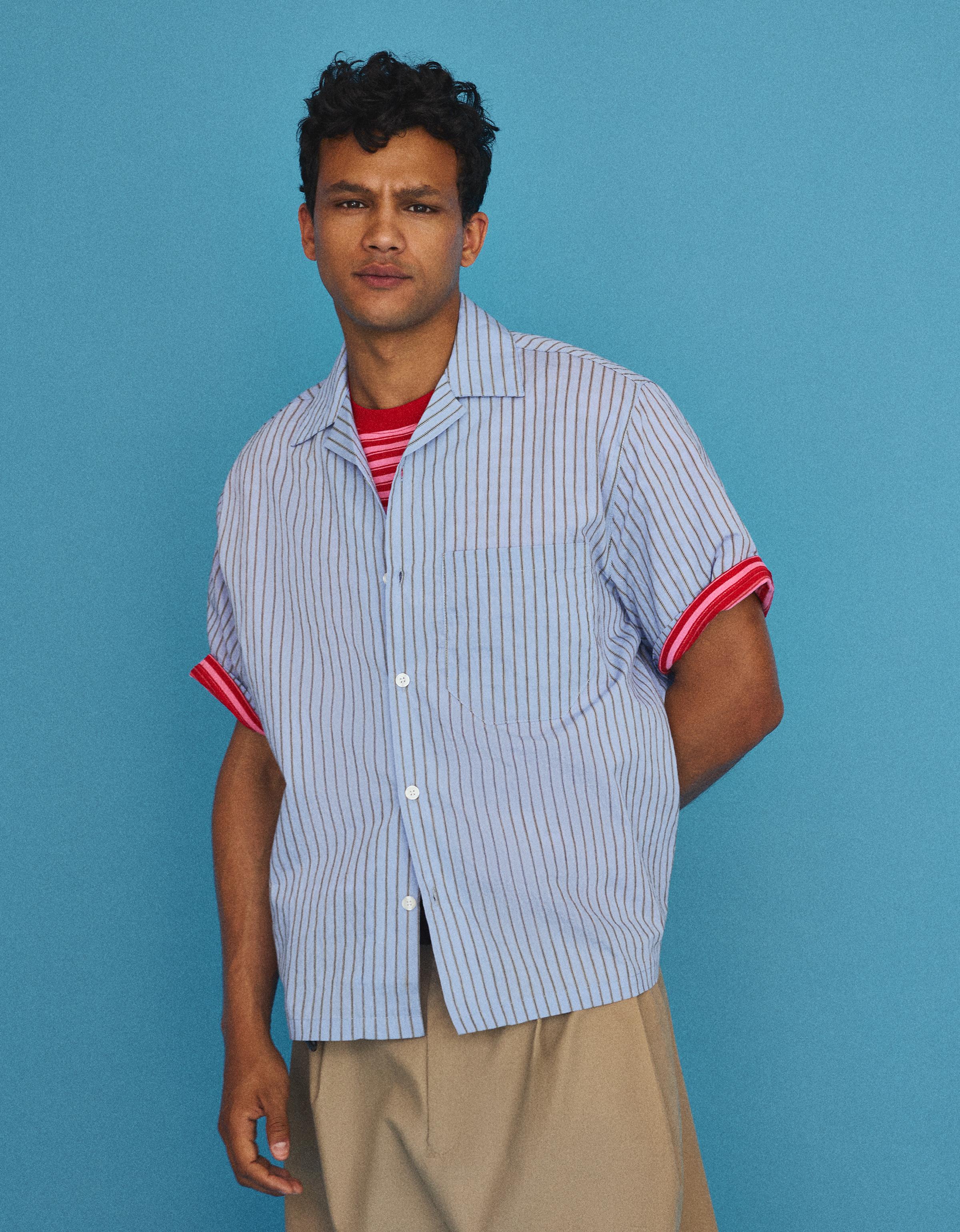 Camisa Manga Corta Rayas Hombre S Azul Claro