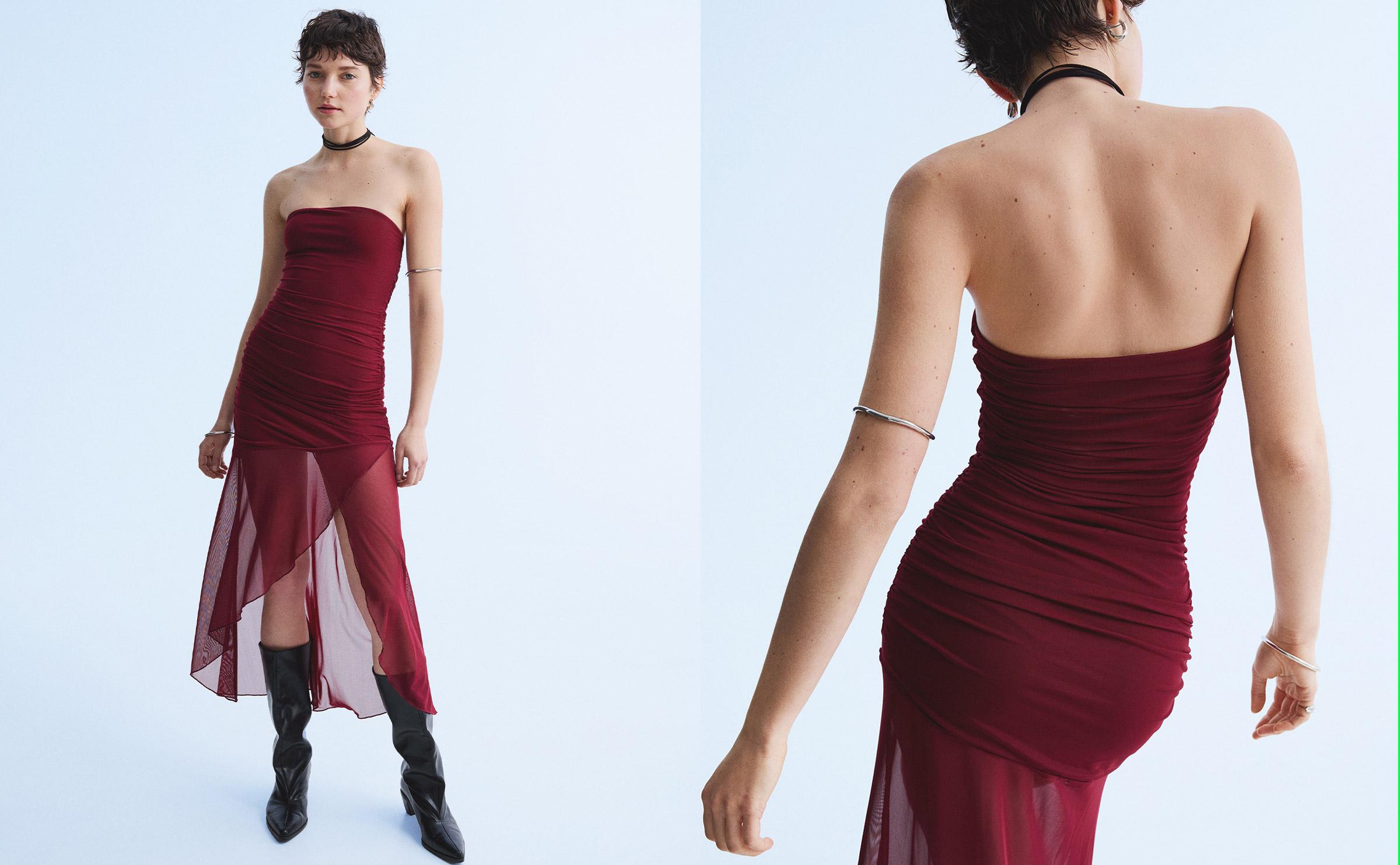 Mesh midi dress with bandeau neckline