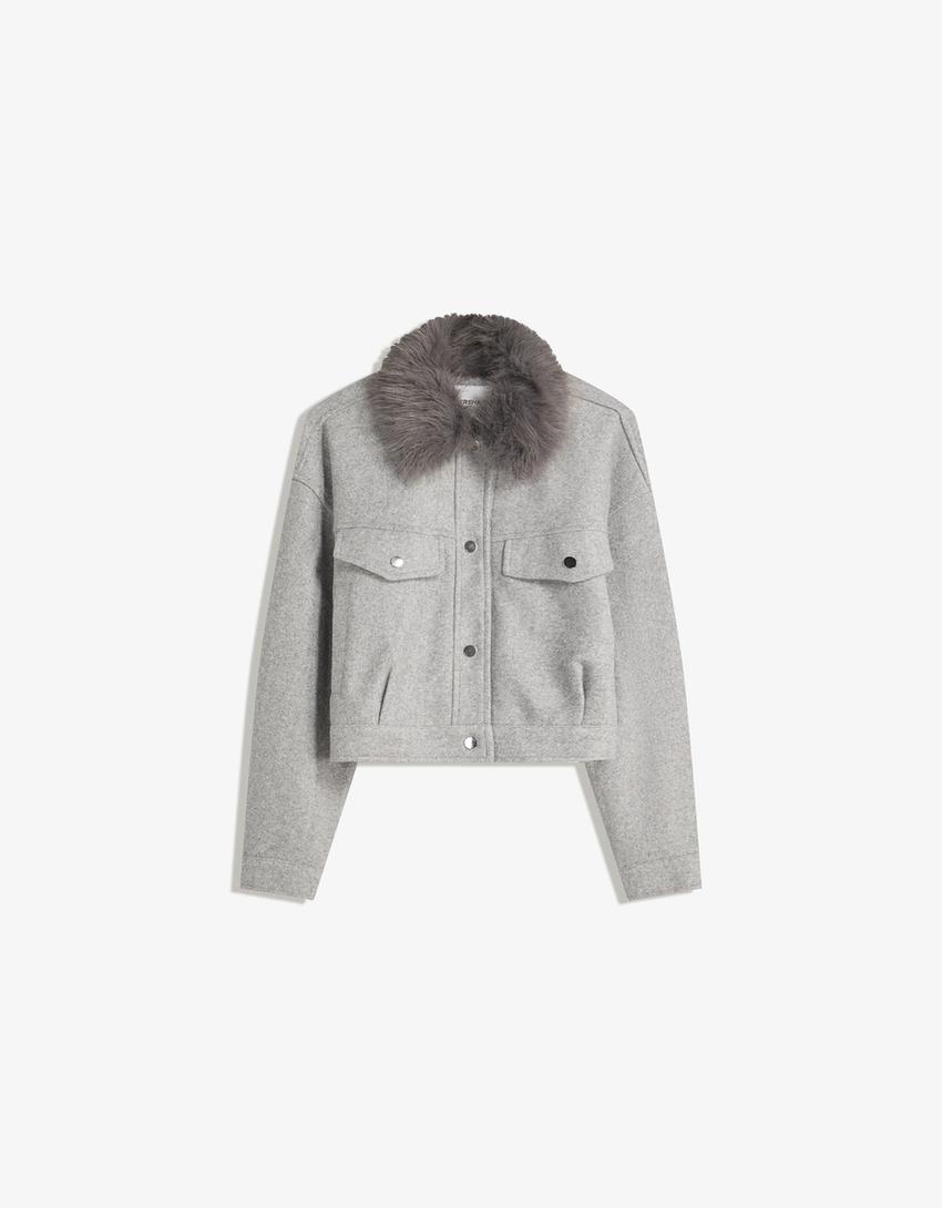 Cazadora soft trucker cuello pelo-Gris-3