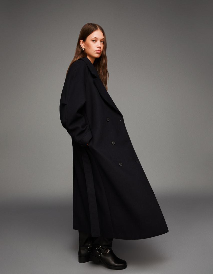 Oversize wool blend coat with belt-Navy