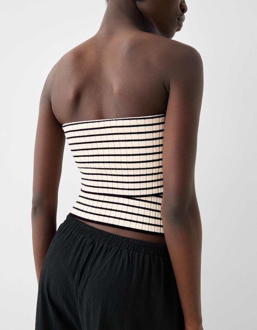 Çizgili triko bandeau top-Krem-2