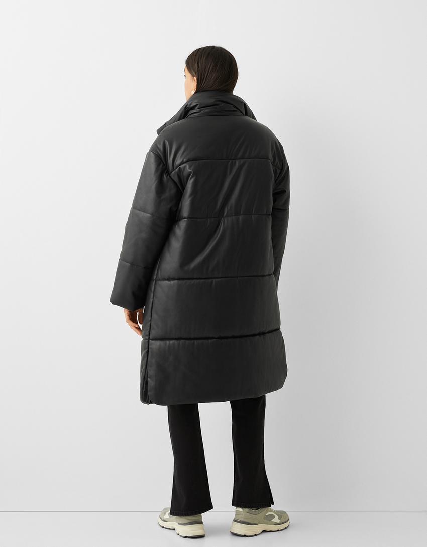 Long faux leather puffer coat-Black-2