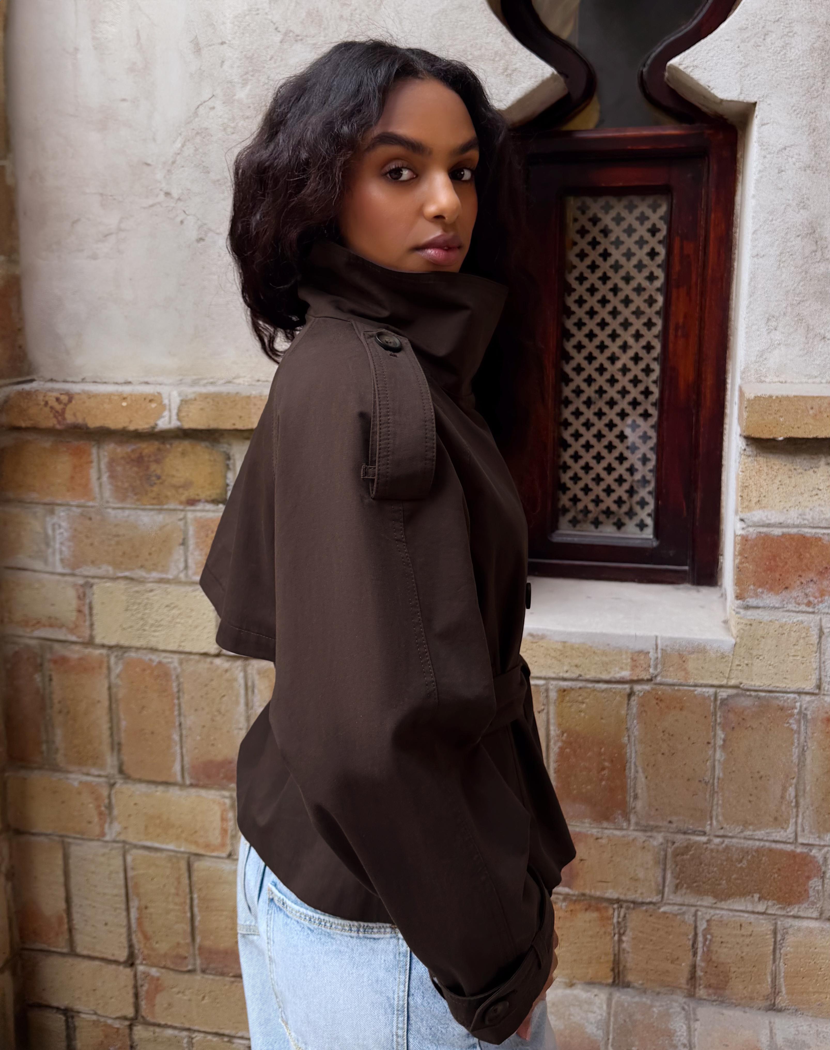 Funnel neck trench jacket — Brown