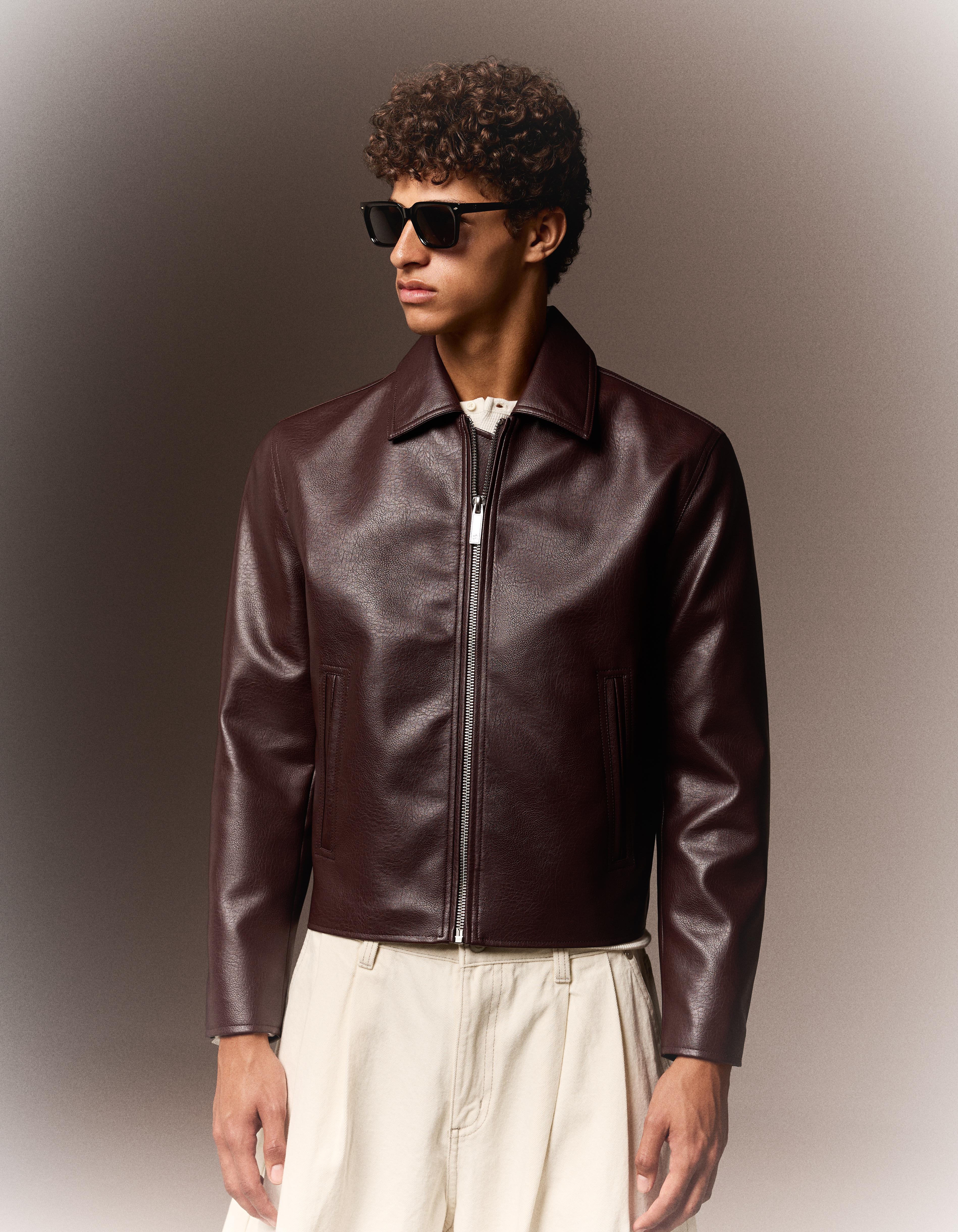 Bershka Cazadora Boxy Efecto Piel Hombre Burdeos