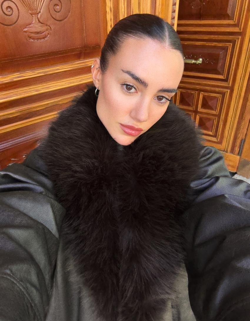 Faux leather jacket with faux fur collar-Brown