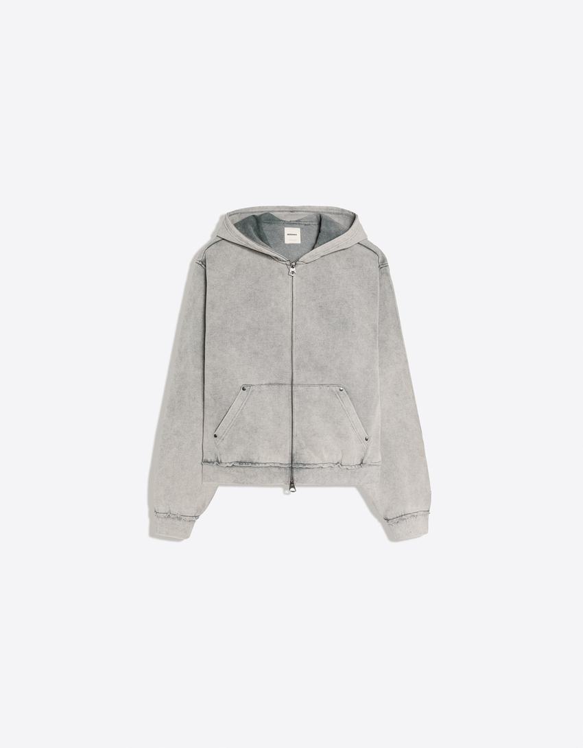 Studded zip-up hooded sweatshirt-Grey