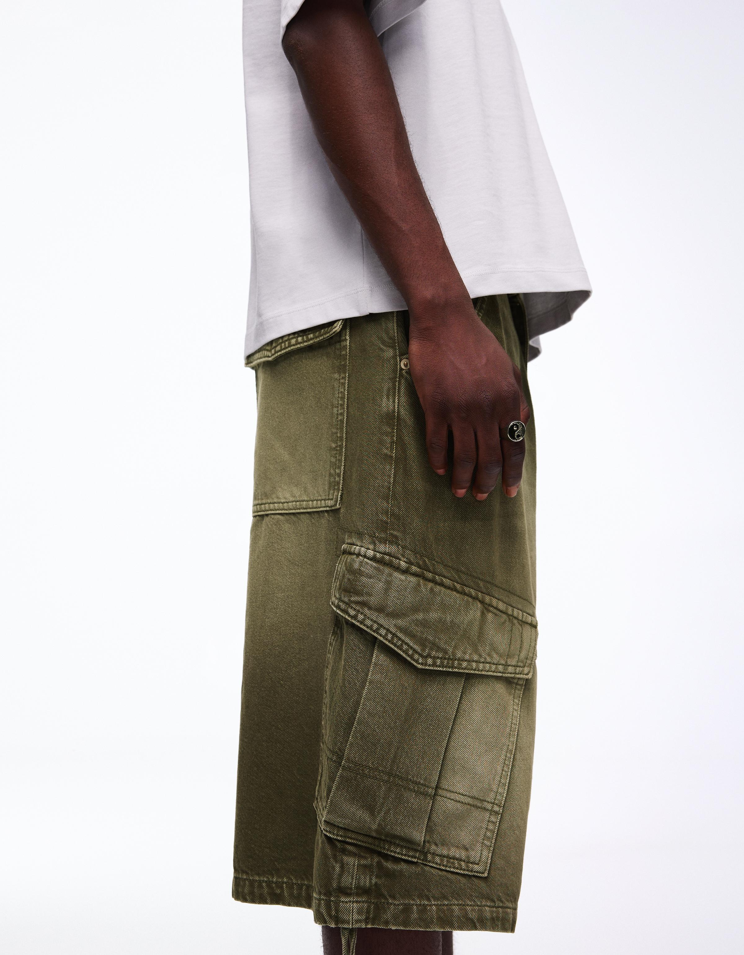 Denim cargo parachute Bermuda shorts — Khaki