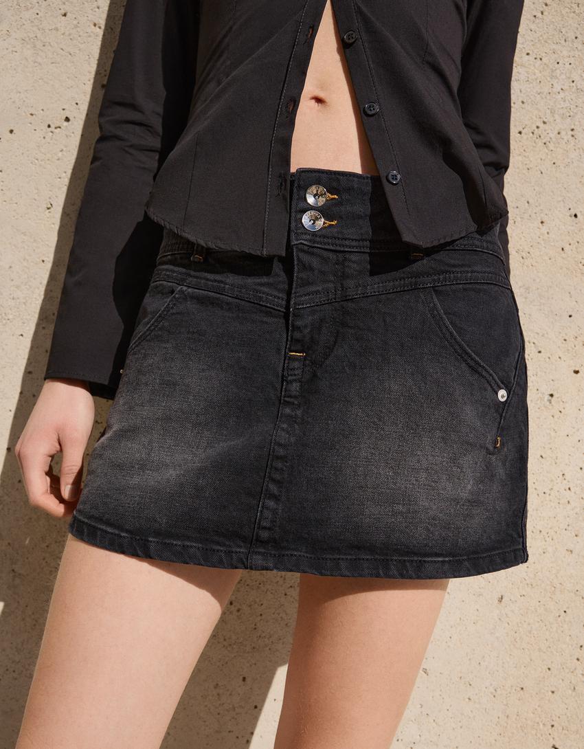 Falda pantalón denim-Negro