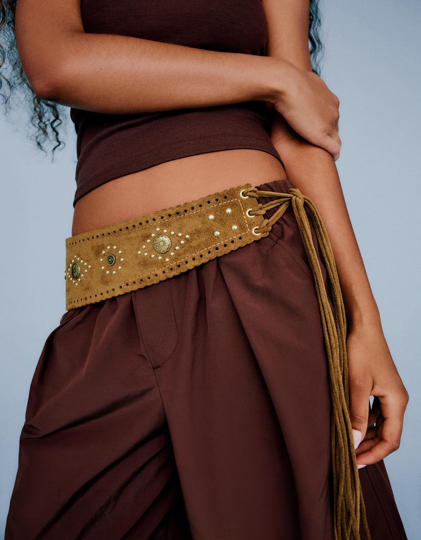 Studded faux suede belt-Sand