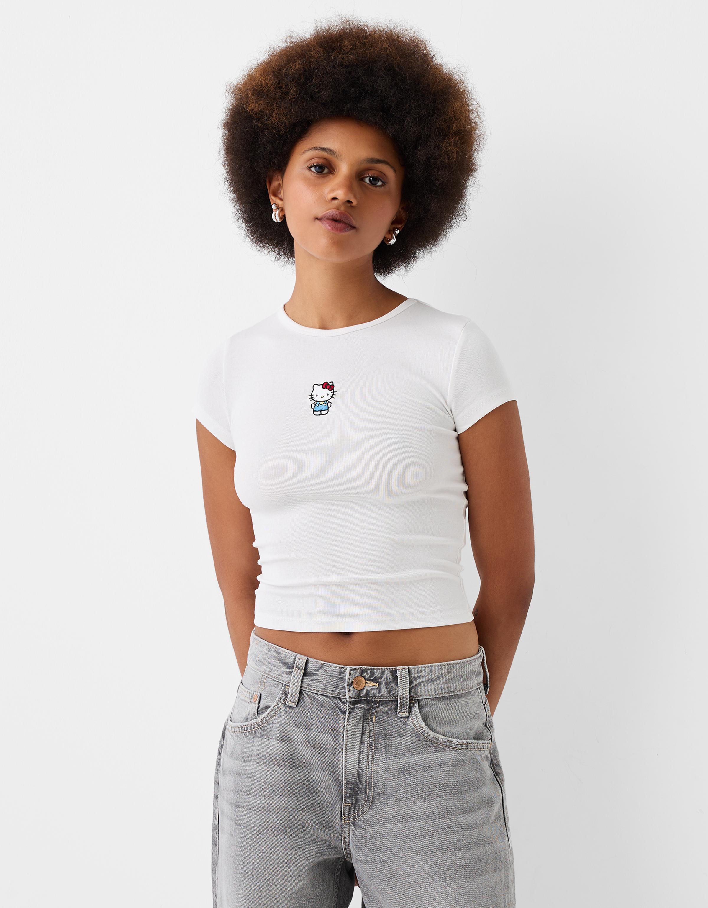 Bershka T-Shirt Hello Kitty Mit Kurzen Ärmeln Damen M Grbrochenes Weiss