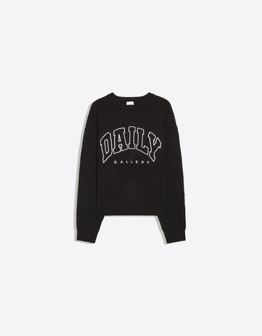 Embroidered waffle-knit round neck jumper — Black 5