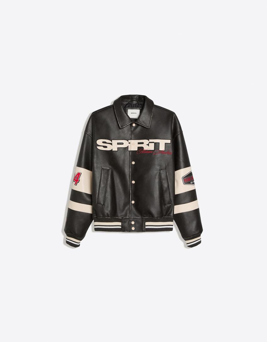 Graphic leather effect jacket-Black