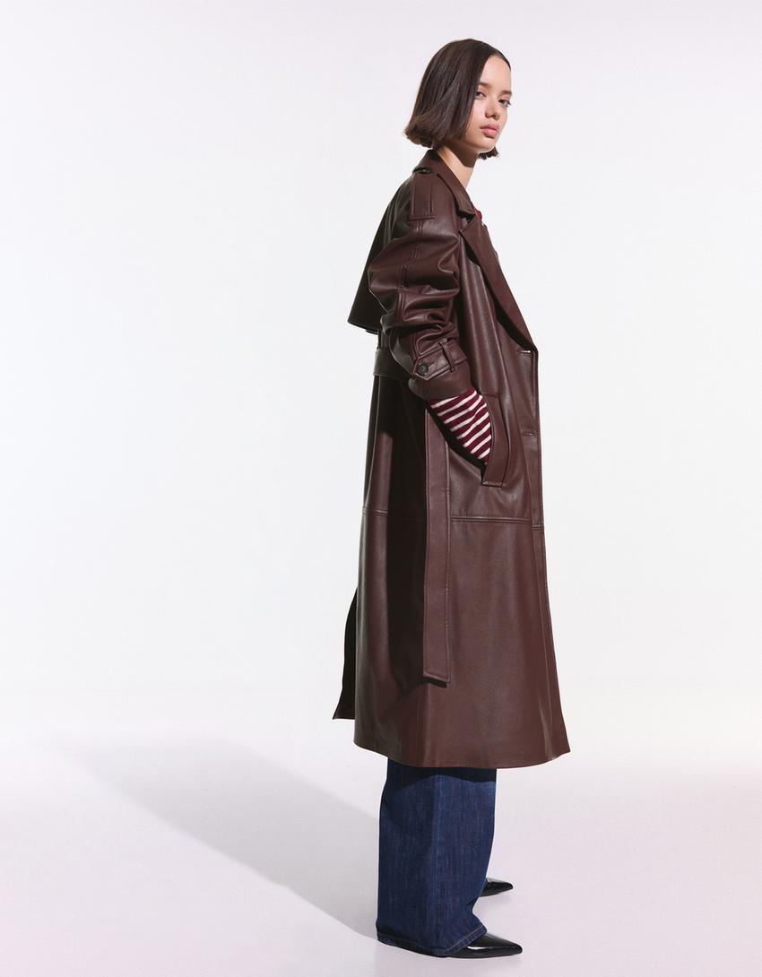 Faux leather trench coat-Maroon