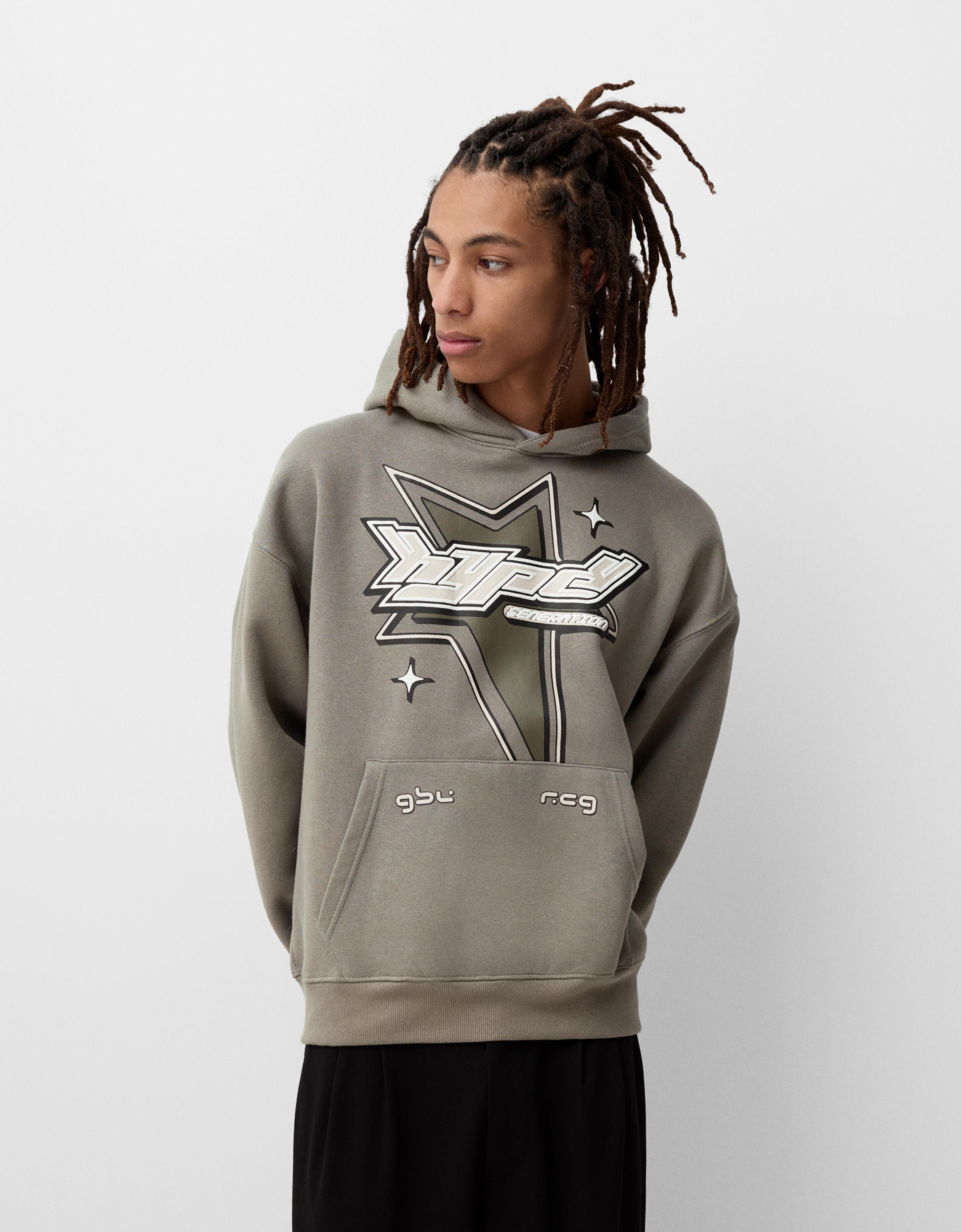 Bershka Hoodie Mit Kapuze Und Boxy-Print Herren Xl Dunkelgrau