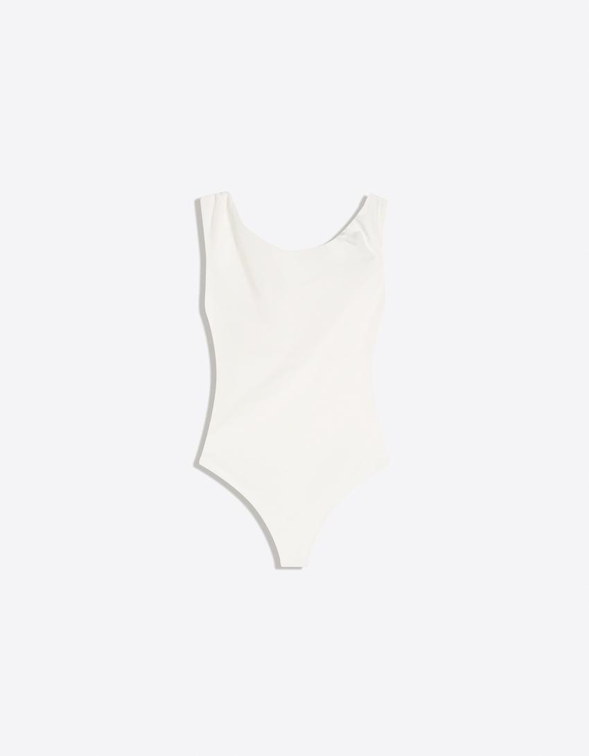 Asymmetric ruched strappy bodysuit-Cream