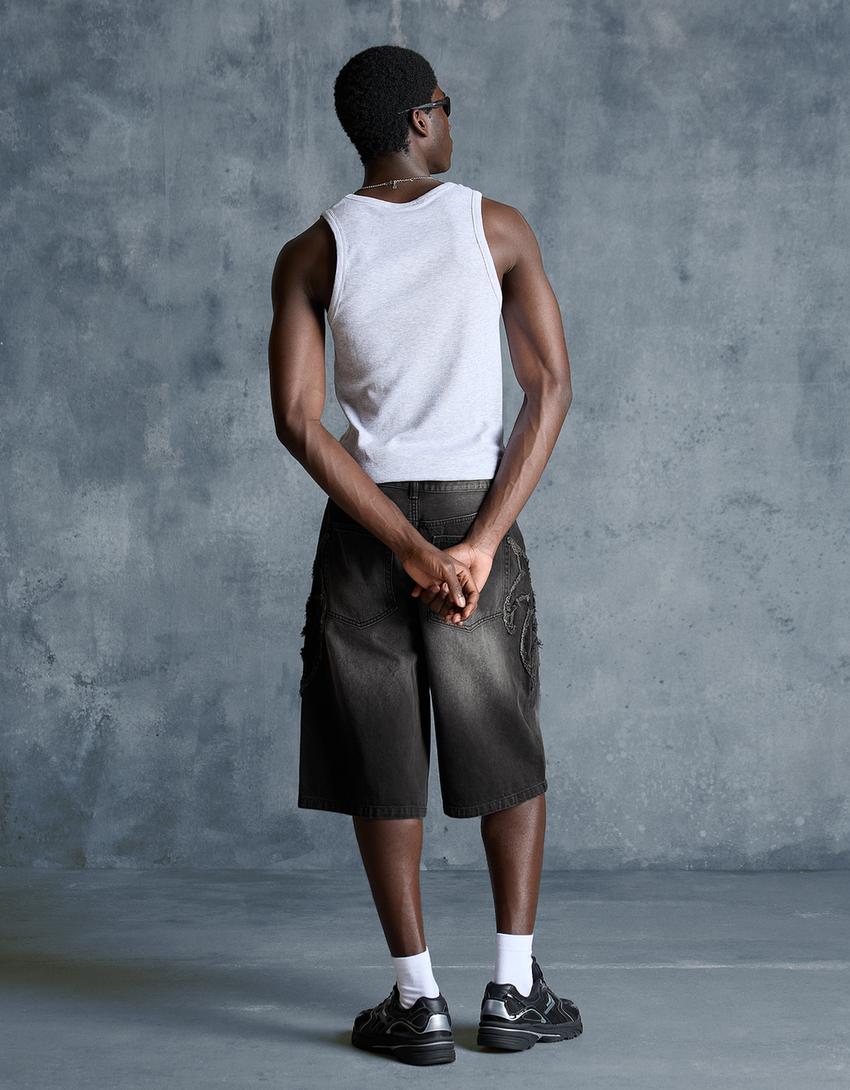 Yamalı baggy fit bermuda-Siyah