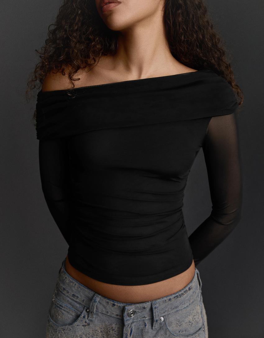 Asymmetric tulle long sleeve T-shirt-Black