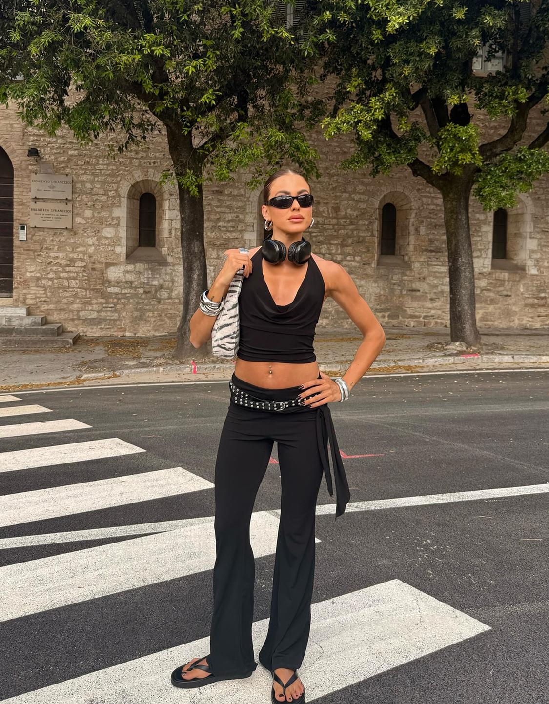 Flare trousers with tied front