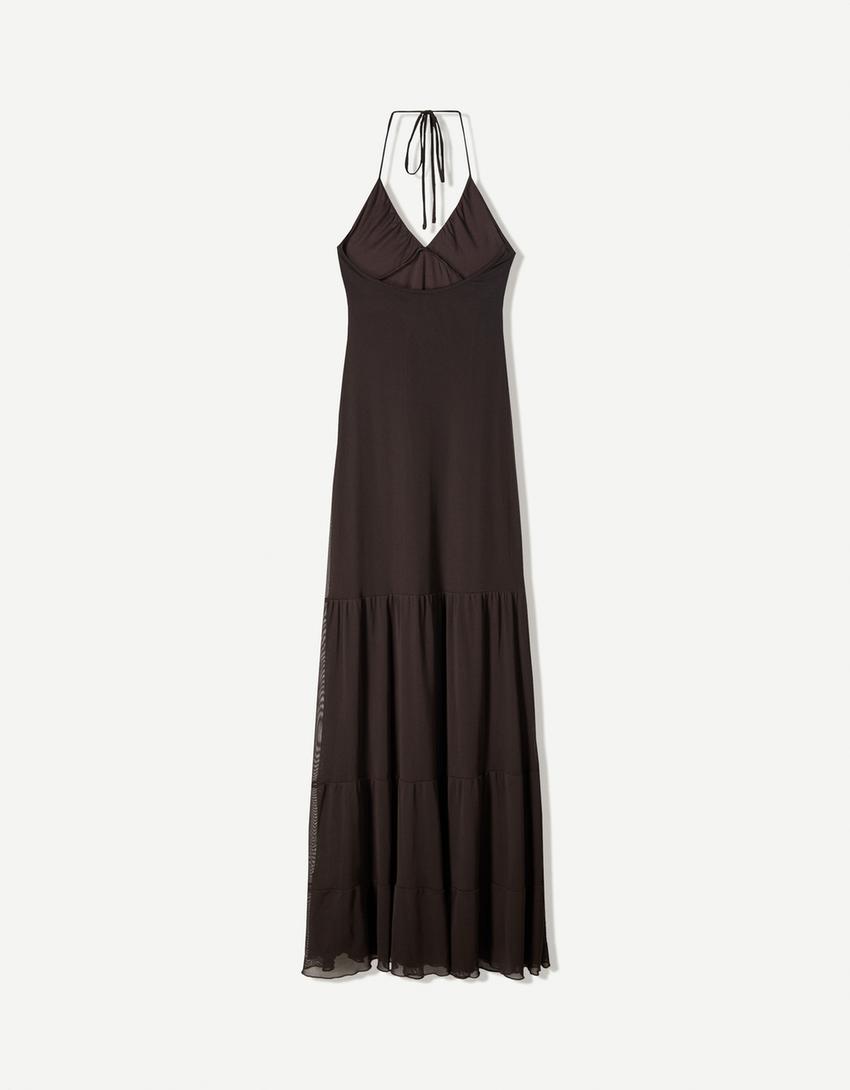 Robe midi en tulle-Marron-4