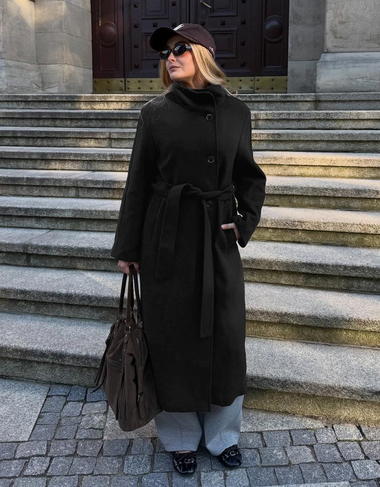 Long funnel neck coat with belt — Black