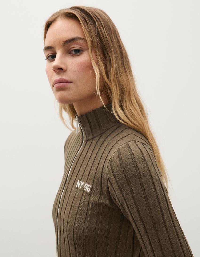 Ribbed knit zip-up cardigan-Khaki