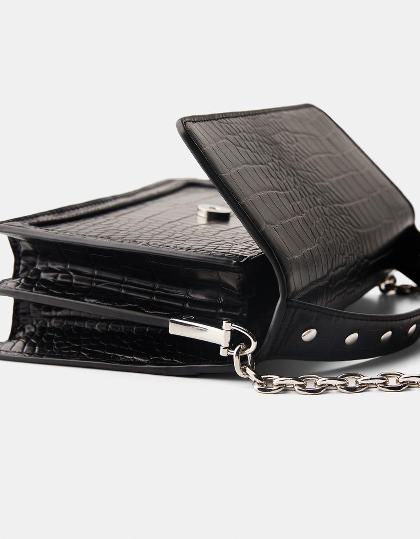 حقيبة كلاتش من جلد صناعي بدبابيس معدنية-أسود-2