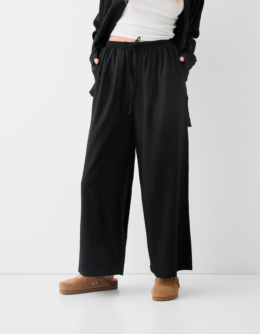 Culottes with linen and an elastic waist-Black-1