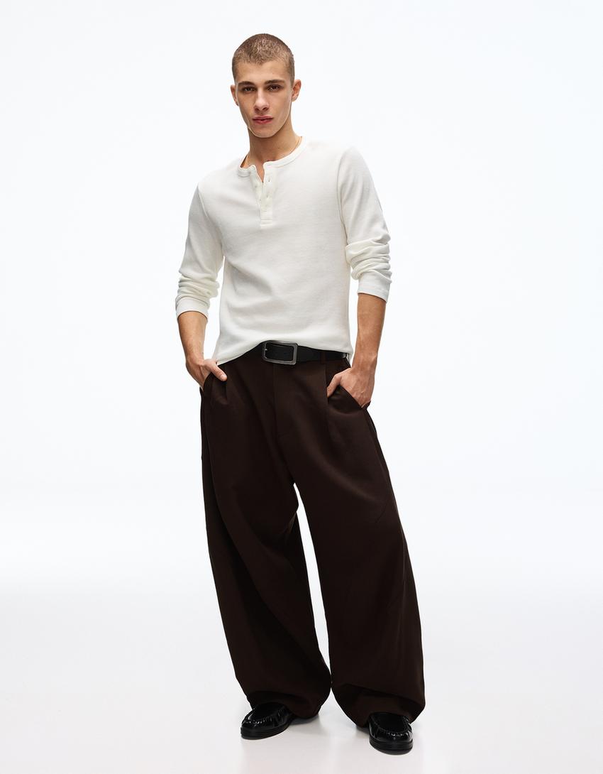 Slim fit long sleeve henley T-shirt-Off white