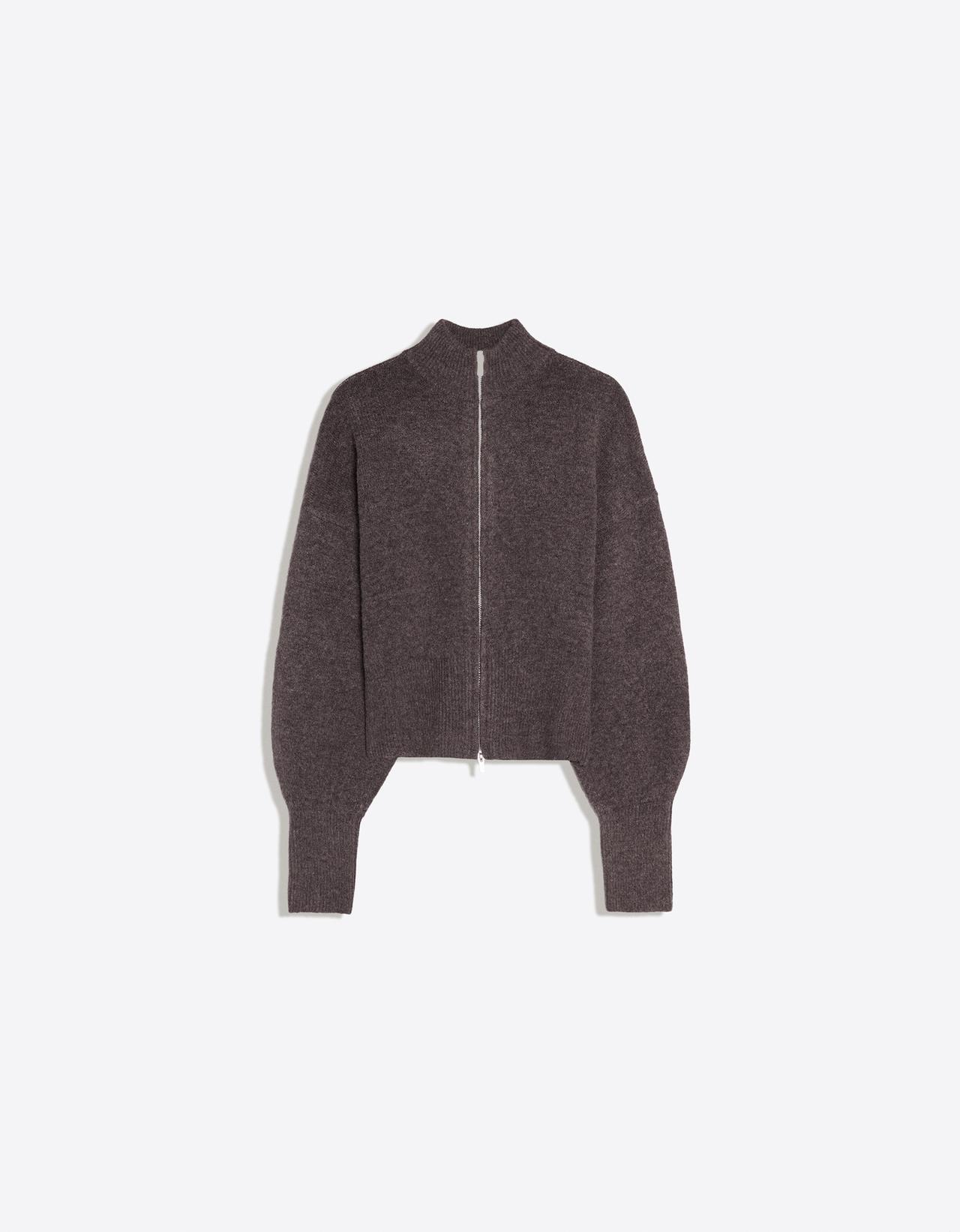 High neck zip-up knit cardigan — Brown